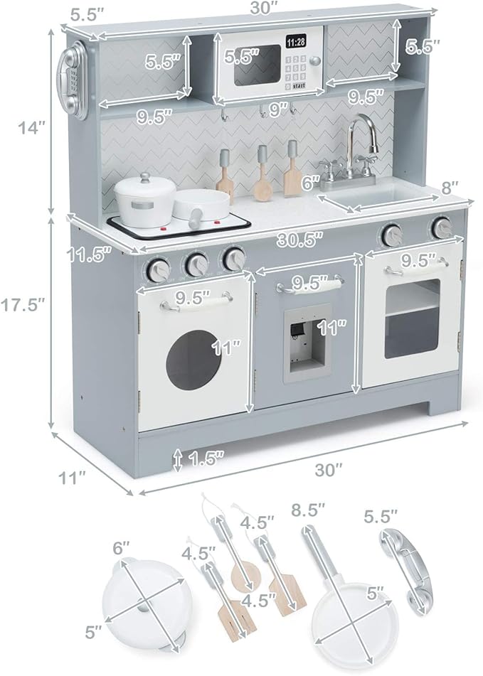 Costzon Kids Kitchen Playset, Wooden Pretend Cooking Playset w/Stove, Fridge, Microwave, Removable Sink, Water Dispenser w/Light Sound, Cabinets, Great Gift for Boys Girls