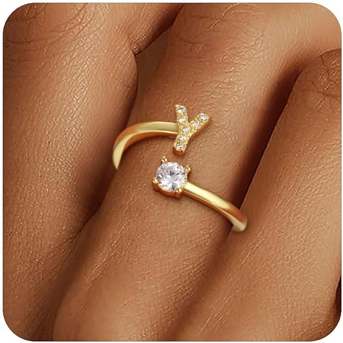 Gold Rings for Girls Women - Dainty 14K Gold Plated Adjustable Letter Rings Teen Girls Gifts Trendy Stuff Initial Ring Teen Girl Birthday Christmas Gift for Girl Non Tarnish