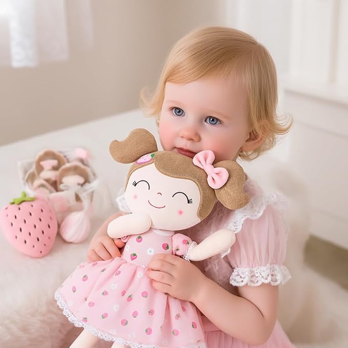 Gloveleya Baby Girl Gift – 16 Inches Strawberry Pink Plush Doll with Gift Box, Soft First Baby Doll for Toddler Girls, Birthday Present, Baby Shower & Holiday Keepsake