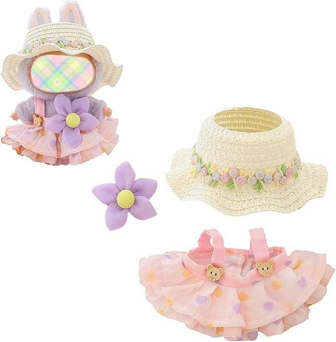 Clothes for Dolls Accessories (No Doll), Kawaii Hat Skirt Outfit Set 3 Pieces for 15cm 17cm Dolls Suit, Stylish Flower Doll Hat Clothing Set Replacement Pink