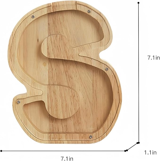 Wooden Alphabet Piggy Bank Clear Acrylic Panel Coin Savings Box Personalized Money Bank for Kids Boys Girls Adults, Birthday Home Décor(S)
