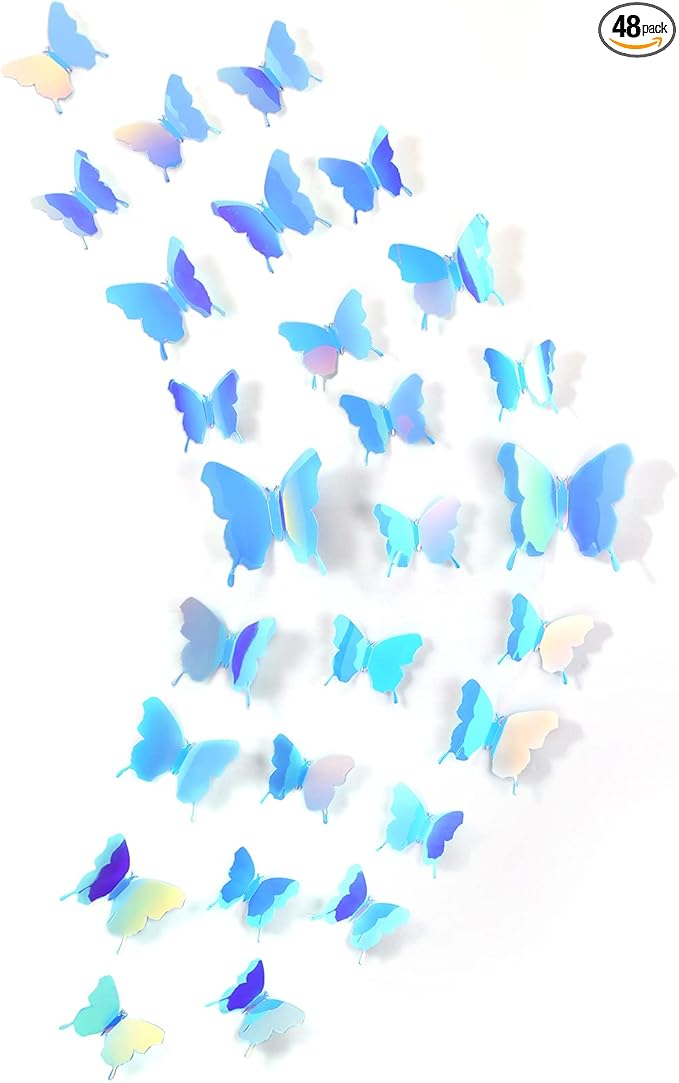 BBTO 48 Pieces Butterfly Wall Decor DIY Mirror 3D Butterfly Stickers Removable Decals for Home Bedroom School Bathroom Living Room Decor(Blue)