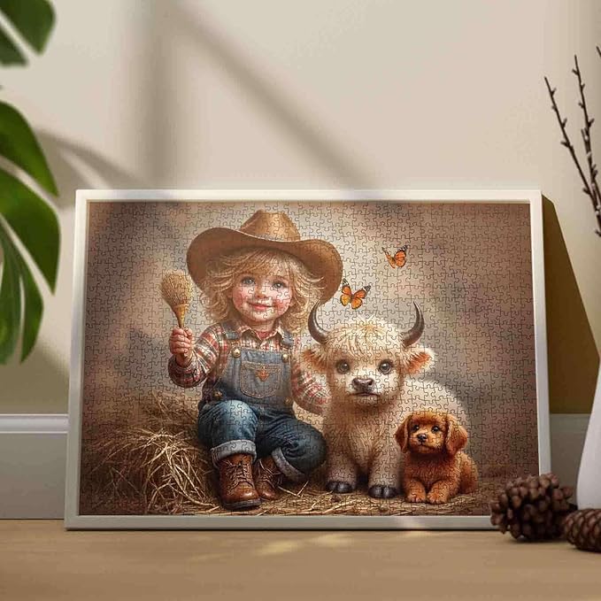 Tucocoo 1000 Piece Jigsaw Puzzle for Adults, Cowboy Farm Scene with Calf, Puppy and Butterflies – Rustic Country Art Puzzles, Relaxing and Whimsical Puzzle for Home Decor and Stress Relief DIY Gifts