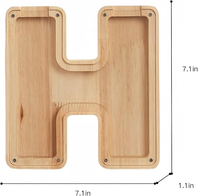 Wooden Alphabet Piggy Bank Clear Acrylic Panel Coin Savings Box Personalized Money Bank for Kids Boys Girls Adults, Birthday Home Décor(H)