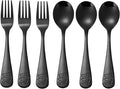 Pimoys 6 Pieces Kids Silverware Stainless Steel Toddler and Child Utensils, Childrens Safe Forks and Spoons Metal Cutlery Set, Engraved Bear, Black