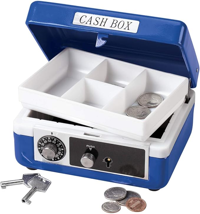 Custom Children’s Cash Box, Metal Piggy Bank Lockbox with Coin Slot, Blue