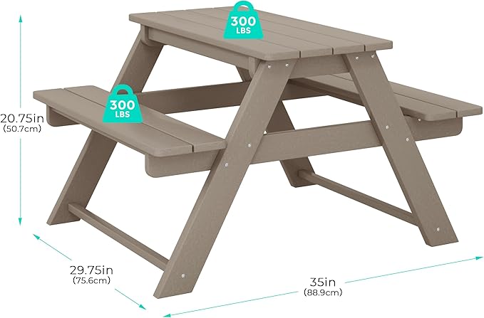 Costaelm Kids Picnic Table, HDPE All Weather Outdoor Toddler Picnic Table and Chair Set Kids Bench for Patio, Backyard, Garden, Lawn, Weathered Wood