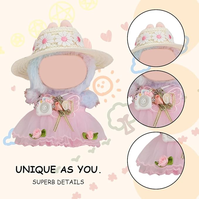 17cm Doll Clothes Set, Premium Jeans & Knitted Sweater Outfit for 17cm 15cm Dolls, Cute Dress Up Fashion, No Doll Included (Flower, 17cm/15cm)