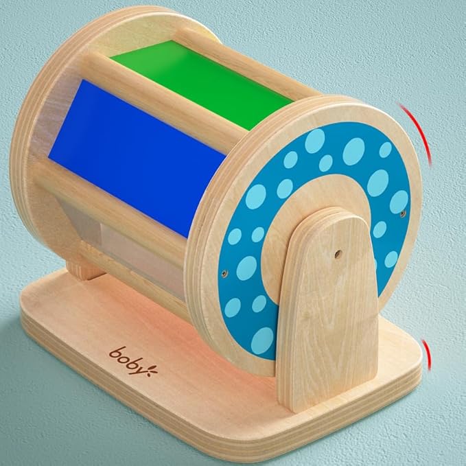 Dailyfunn Montessori Toys Wooden Spinning Drum Tummy Time Floor Mirror Toy for Babies Toddlers 1-3 Years Old
