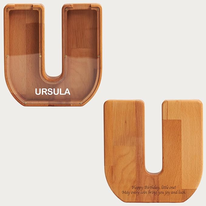 Personalized Wooden Piggy Bank – Custom Letter U Coin Bank in Beech Wood with Clear Acrylic Front, Engraved Name Option, Money Saving Box for Kids and Adults
