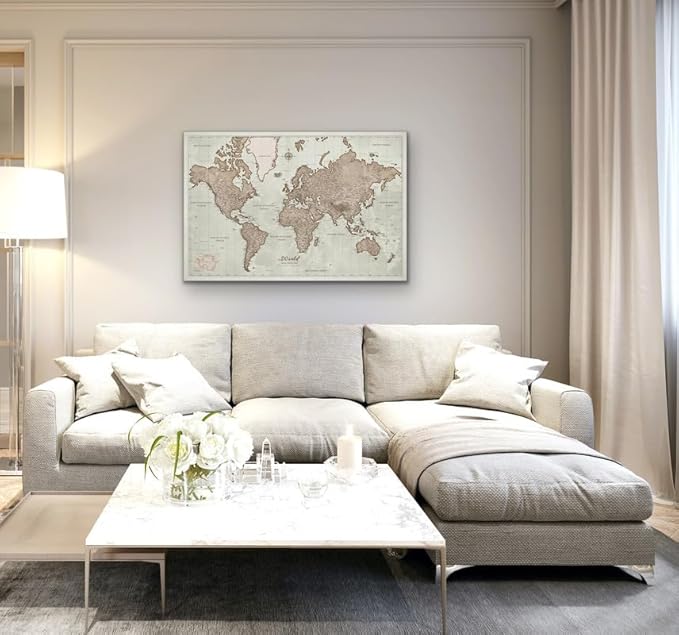 Canvas World Map with Cork Pin Board - English Lettering - Decorative Wall Decoration for All Rooms - Canvas Pictures with World Map Motif (120x80 cm, Pattern 19)