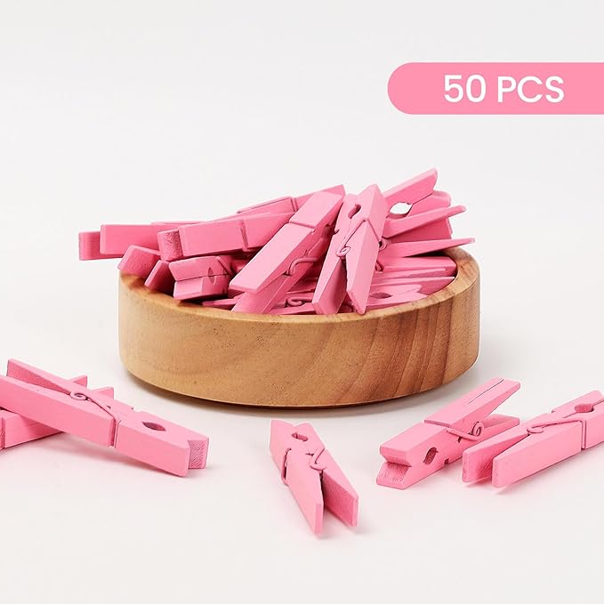 50PCS Colored Wooden Clothespins, 2.9inch Pink Clothes Pins for Clip Pictures Photos Decorative, Small Colorful Wood Decoration Closepins Clips