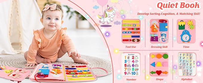 Montessori Busy Board & Busy Book for Toddler – Educational Toys for 3 Year Old Girls, Sensory Activity Board, Fine Motor Skills Learning Gift