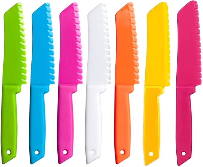 7 Pieces Plastic Kid Kitchen Knife Set, Reusable Nylon Chef Knife Children's Safe Cooking Knives for Baking, Fruit, Bread, Cake, Lettuce Knife, Salad Knife