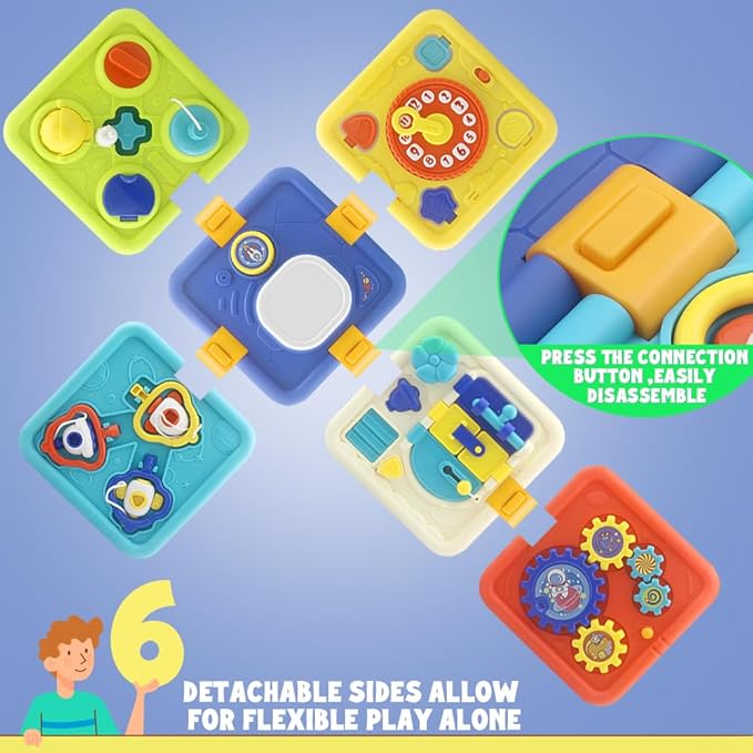 Baby Activity Cube Toy, 6-Sided Learning Toy with Gears, Shapes, Numbers and Puzzles, Multi-Colour (Blue)