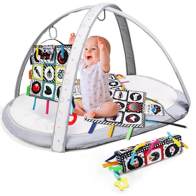 teytoy Tummy Time Floor Mirror, Double High Contrast Play and Pat Activity Mat Black and White Baby Crinkle Toys with Teether, Great Gift for Infants Boys and Girls -Pack of 4