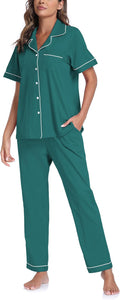 CF Womens 100% Cotton Pajamas Set Button Down Pjs Sets Short Sleeve Top & Long Pants Sleepwear Comfy Loungewear with Pockets