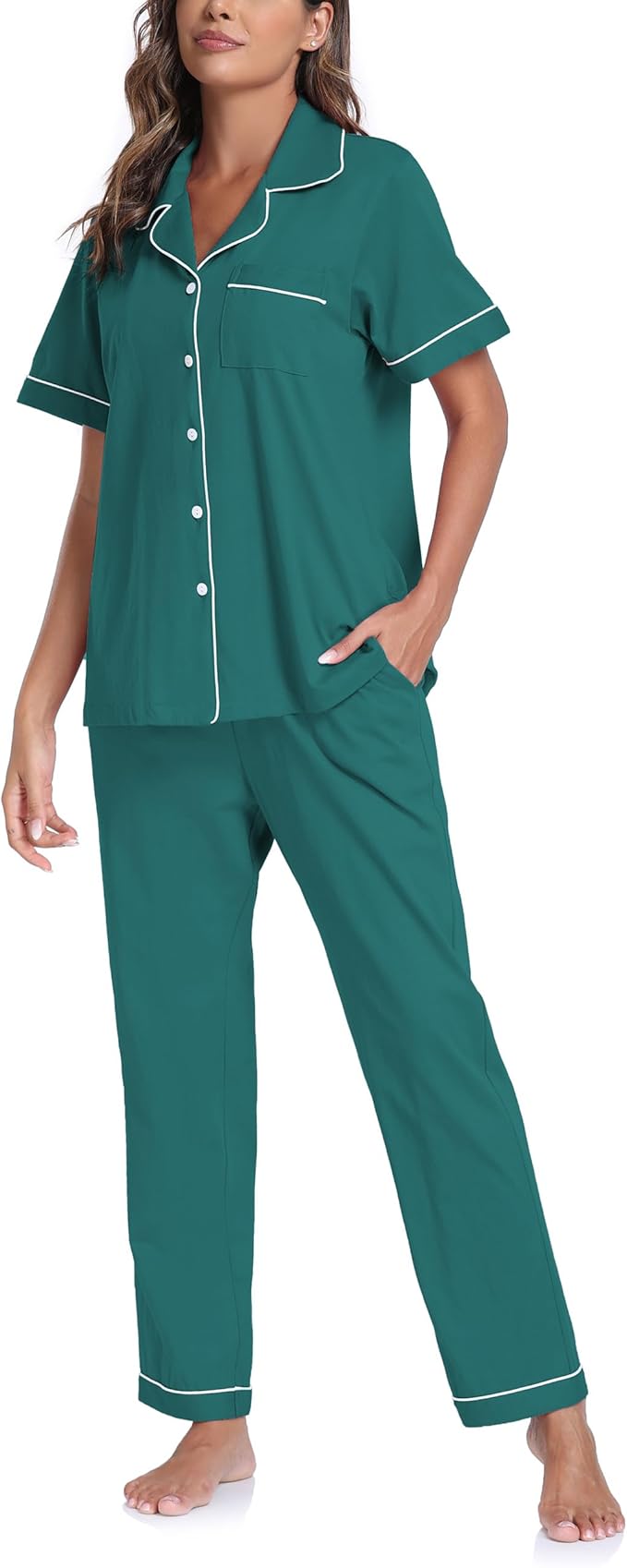 CF Womens 100% Cotton Pajamas Set Button Down Pjs Sets Short Sleeve Top & Long Pants Sleepwear Comfy Loungewear with Pockets