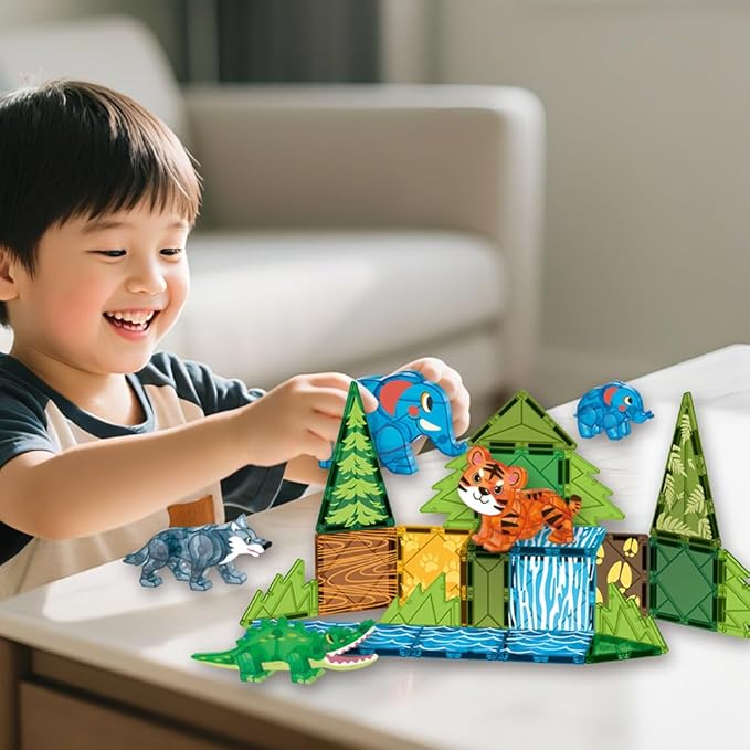 Magnetic Tiles Set Jungle Animals Theme Toys, Magnet Tiles Building Blocks Toys for Kids Ages 4-8