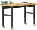 48' Adjustable Solid Wood Workbench with Wheels, Large Load Capacity Rolling Workbench, Heavy Duty Metal Tool Work Bench Table for Garage, Workshop, Office, Home