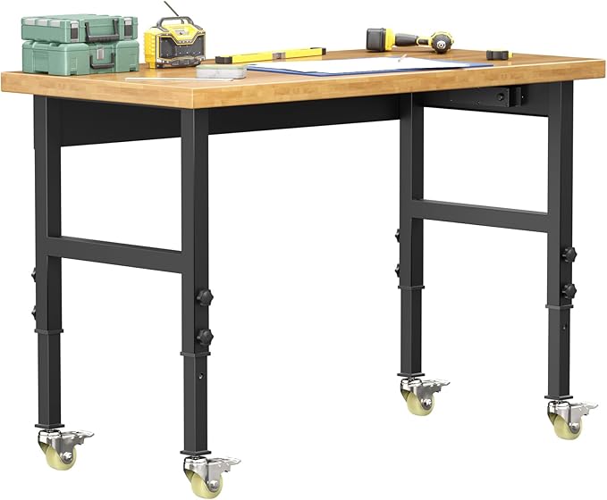 48' Adjustable Solid Wood Workbench with Wheels, Large Load Capacity Rolling Workbench, Heavy Duty Metal Tool Work Bench Table for Garage, Workshop, Office, Home