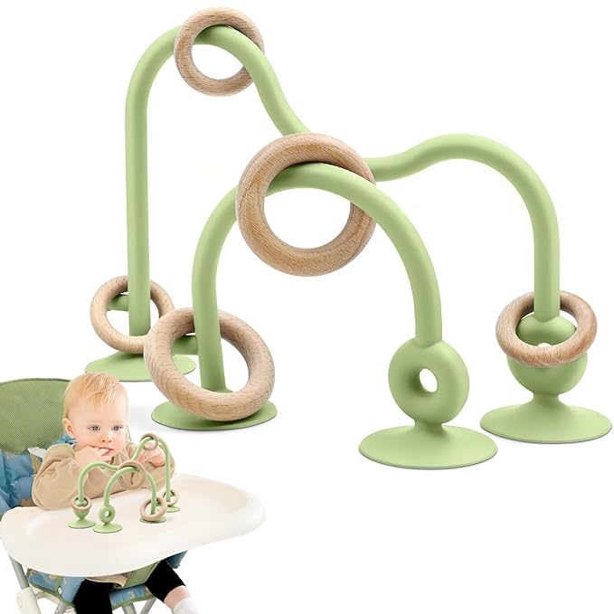 Baby Sensory High Chair Suction Toys for Infant Toddlers 6 12 18 24 Months, Food Grade Silicone String with Oak Loop Montessori Educational Baby Bath Toy Gifts (Green)
