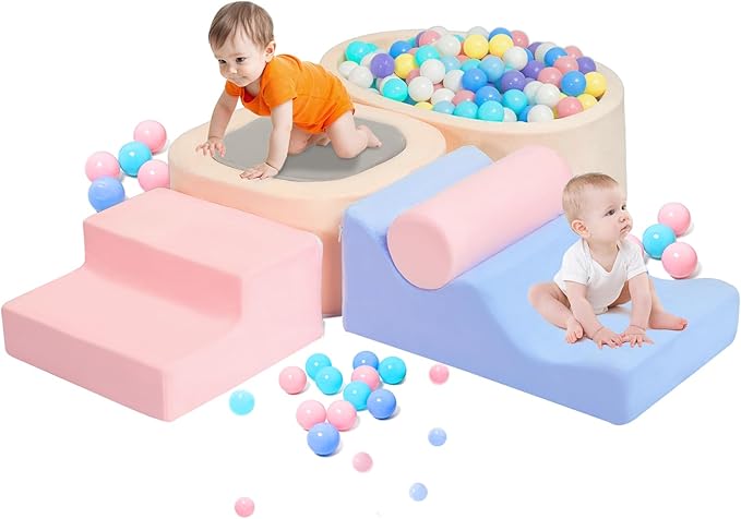 MIND&ACTION 6-Piece Toddler Clinbing Toys Indoor with Ball Pit, Climbing Toys for 1+ Year Old, Soft Play Set Baby Foam Blocks for Toddler 1-3 (Ball Not Included)