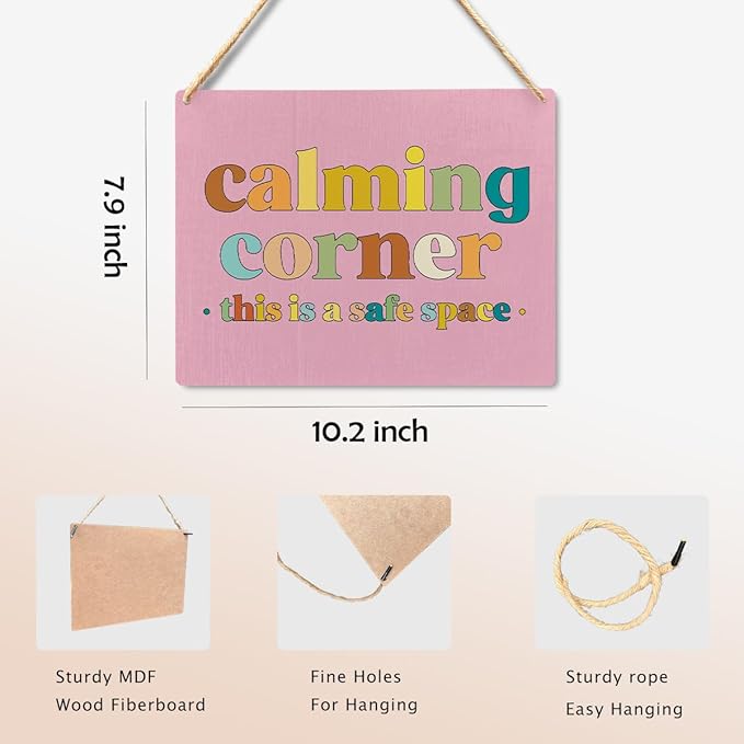 Calming Corner Hanging Wood Sign Plaque - Safe Space, Classroom Decor, School Counselor Office, Calm Down Corner Decorations, Boho Decor (Pink), 10x8