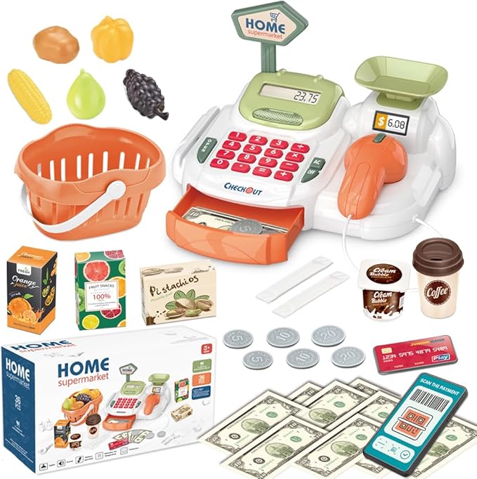 Pretend Play Cash Register Toy with Functional Caculator Cashier Scanner Toy Supermarket with Simulate Food Fruit etc Kids Grocery Store Play Money Food Shop Toy Educational Playset for Kids