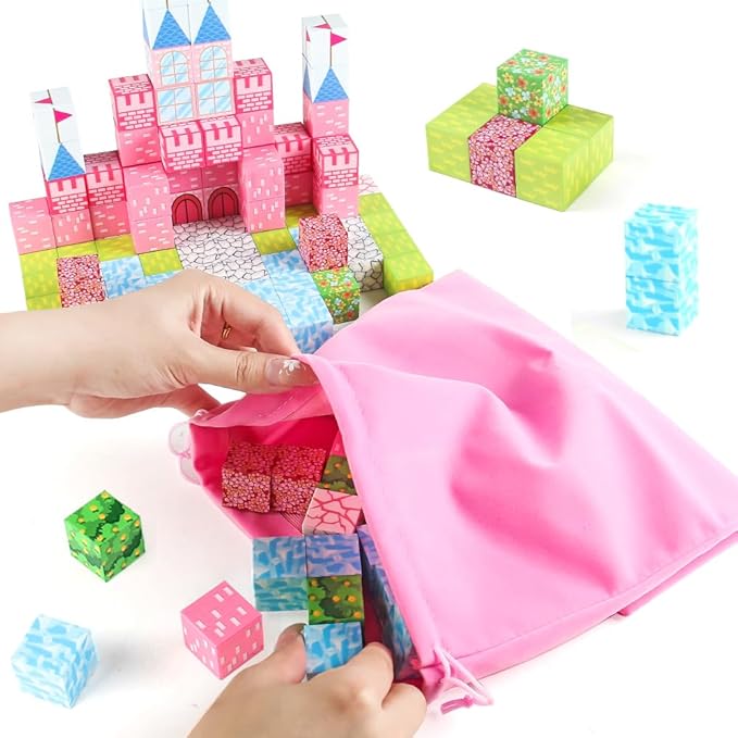 128PCS Magnetic Blocks Building Toys - 1" Magnet Cubes Tiles for Girls, Magnetic Tiles Building Blocks, Stacking Magnets Sensory STEM Toys Cultivate Innovation, Build Princess Castle Birthday Gift