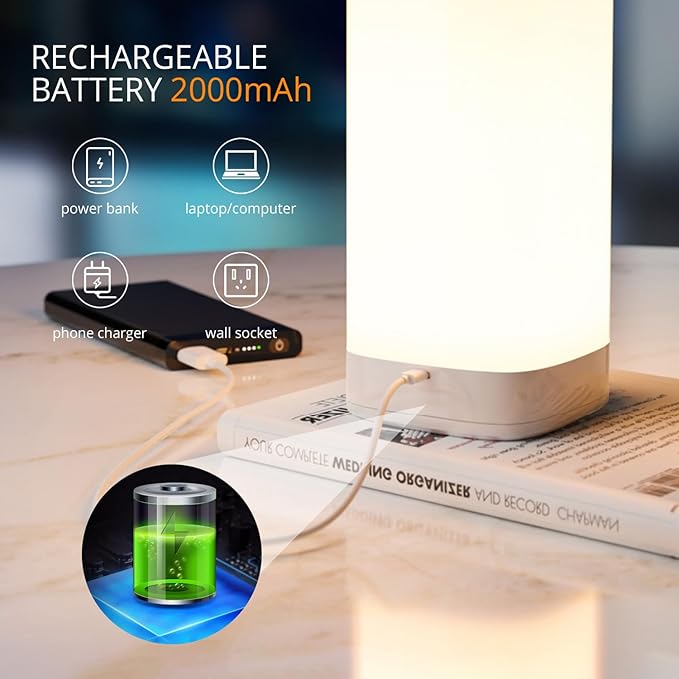 Semlos Battery Operated Led Table Lamp for Bedroom, Reading Night Light with 10 Brightness 3 Colors, Bedside Lamp Touch with Remote Control, Desk Lamp for Nightstand, Office, Living Room