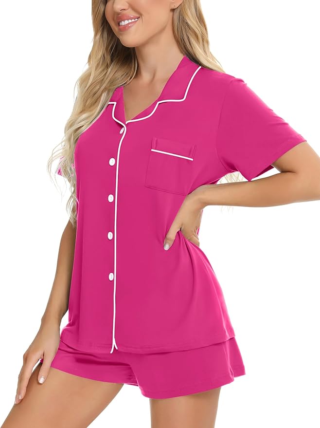 SWOMOG Womens Button Down Pajamas Set Short Sleeve Sleepwear Bride Soft Pj Lounge Sets XS-3XL