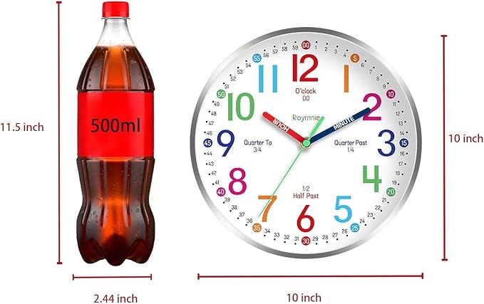 Wall Clock for Kids Learning Easily Kids Teaching Clock Silent Non Ticking Battery Operated Colorful Teaching Time Clock Decorative for Kids Room Classroom School (10 Inch)
