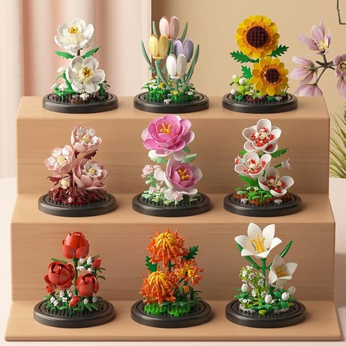 Botanical Flower Micro Blocks Set with Display Cover for Adults and Teens,600 PCS Mini Bricks Artificial Flowers for Birthday and Gift Idea for Significant Other, Lily,Sunflower and Tulip