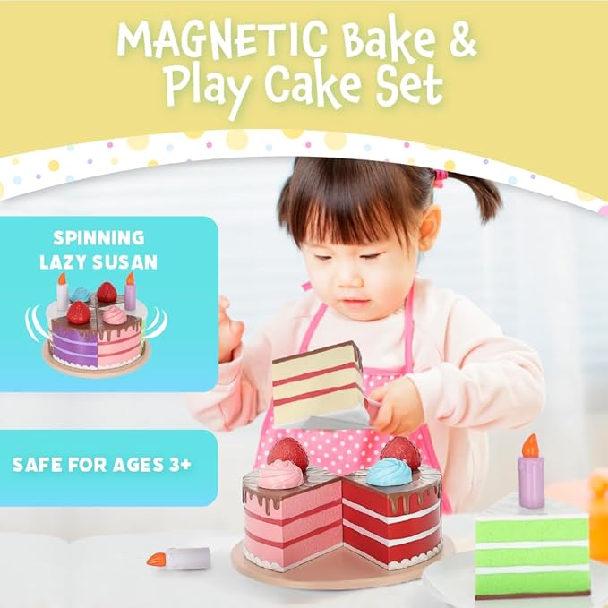 Popular Playthings Magnetic Bake & Play Cake Set, 16pc Educational Toddler Play Food Toy for Ages 3+