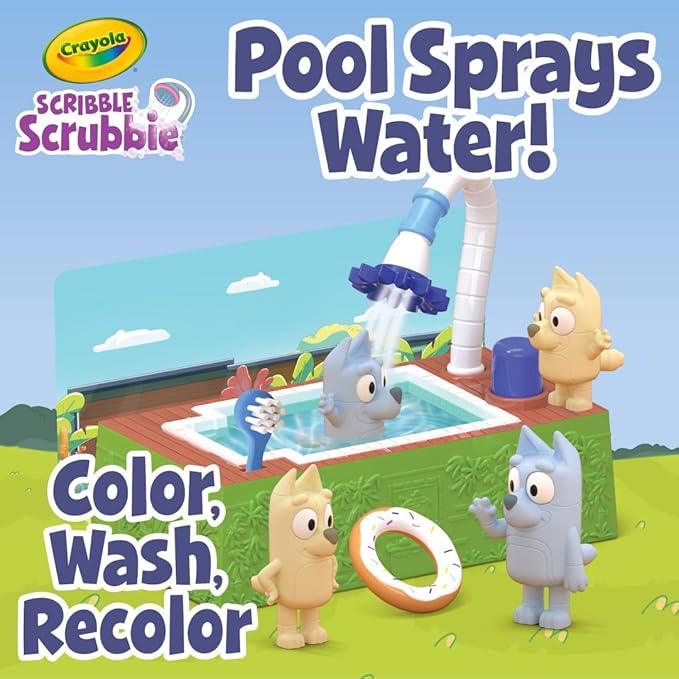 Crayola Scribble Scrubbies Bluey Poolside Playset (4ct), Washable Bluey Toy Set for Kids, Holiday for Toddlers, with Bingo, Chilli, and Bandit, Ages 3+