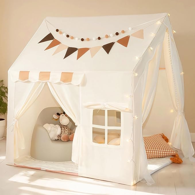 Play Tent for Kids with Star Lights, Flags, Pompoms & Gift Box, 2-in-1 Tent for Toddler with Metal Frame, Kids Indoor Playhouse, 40"x47"x50", Toy Gift for Boys & Girls