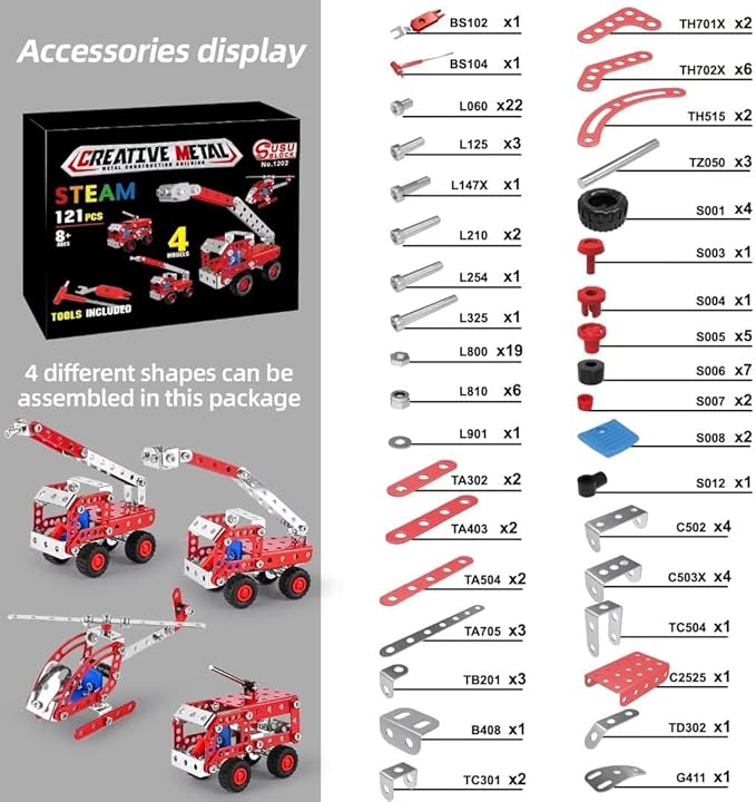Stem Building Toys for Boys Age 8-12,Creative Sets Fire Trucks Series Model Kit,Assembly Toys for Kids,Metal Building Blocks for Model 4 in 1 Fire Fighting Cars(121PCS)