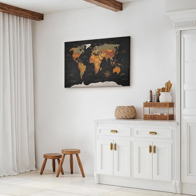 artgeist Acoustic Canvas Wall Art Print World Map 35x24 in - 1pcs Picture with Acoustic Foam Sound Print Artwork Room Acoustics Soundproofing Poster Map of The World World Travel Map k-C-0048-b-c