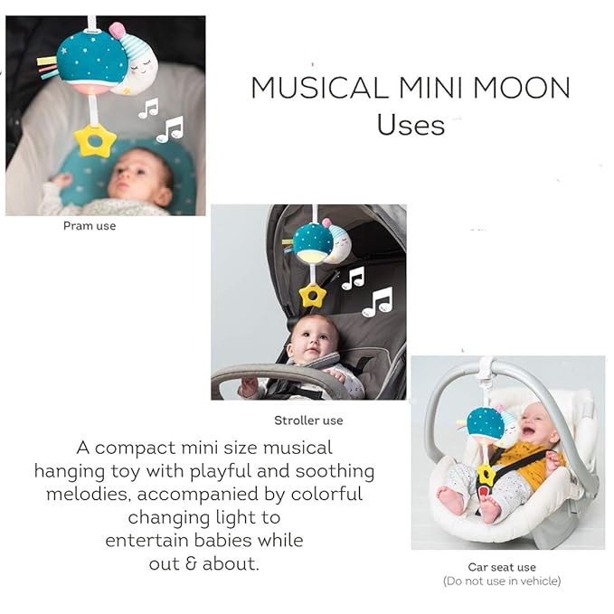 Taf Toys Musical Mini Moon, On-The-Go Pull Down Hanging Music and Lights Infant Toy | Parent and Baby’s Travel Companion, Soothe Baby, Keeps Baby Relaxed While Strolling, for Newborns and Up