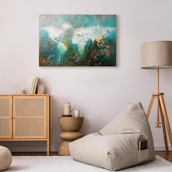 artgeist Canvas Wall Art Print World Map 35x24 in - 1pcs Home Decor Framed Stretched Picture Photo Painting Artwork Image Blue Brown Abstract k-A-0509-b-a
