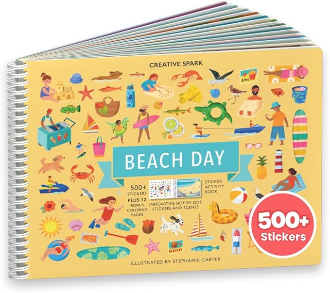 CUPKIN Sticker Book for Kids 2-4, 500+ Kids Stickers, Beach Day 12 Coloring Pages 12 Side by Side Scenes, Fun Toddler Travel Activity Coloring and Sticker Books for Children Ages 4-8 + 8-10
