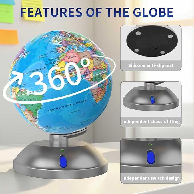 360-degree rotating globe, independently supported by a base, 9-inch design world globe, built-in LED night light, high-definition color visual map details, suitable for children's geography education, study and office decoration, living room decoratio...