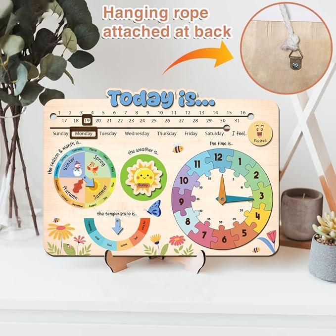 Interactive Calendar for Kids Ages 3+, Wooden Toddler Calendar, Teaching Seasons, Years, Months, Days of Week, Daily Activity Calendars for Kid Preschool & Homeschool (10 x 14 inches)