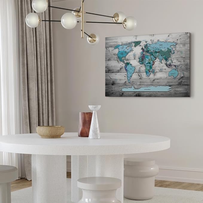 artgeist Canvas Wall Art Print World Map 35x24 in - 1pcs Home Decor Framed Stretched Picture Photo Painting Artwork Image World Travel Map Wood k-B-0009-b-d