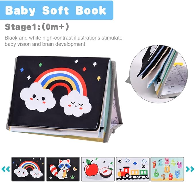 Tummy Time Mirror Baby Toys, High Contrast Crinkle Cloth Book with Teether for 0 3 6 Months Babies Boys Girls, Montessori Newborn Sensory Toys Activity Book for Shower Gifts