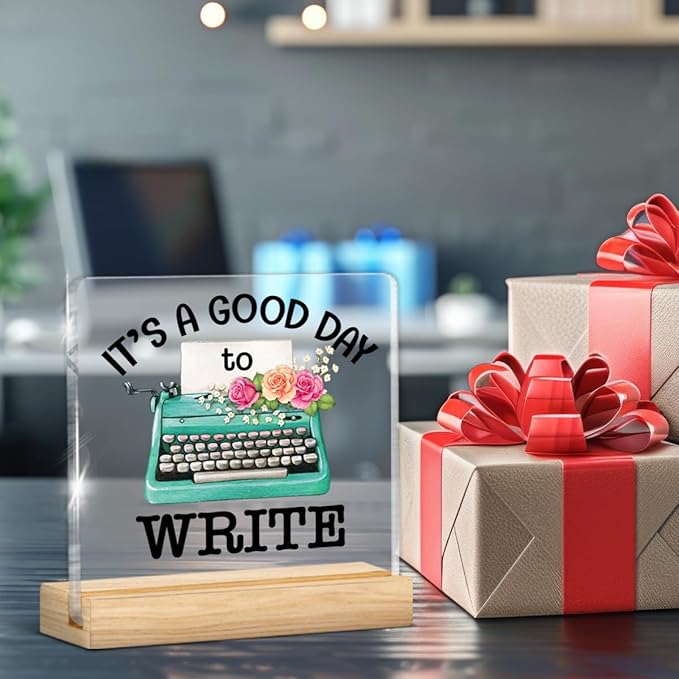 Writer Gifts for Women, Funny Gifts for Writers Authors Typewriter Novelist, It's a Good Day to Write Acrylic Plaque Sign with Wooden Stand Home Office Decor