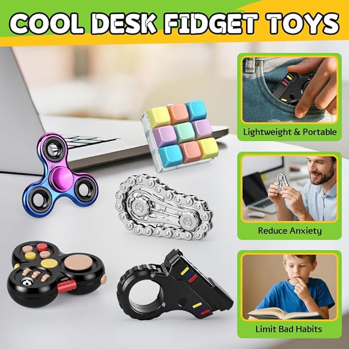 Fidget Toys Set for Adults, Sensory Pack with Fidget Slider, Fidget Cube, Spinner Toy, Keyboard Clicker Toy, Fidget Pad, Stress Relief Desk Gadget for Office, Birthday Gift Set