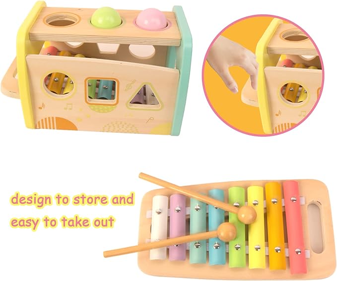Hammering Pounding Toys Wooden Educational Toy Xylophone Shape Sorter, Birthday Gift for 3 Years Boys Girls Baby Toddler Kids Developmental Montessori Learning Toy (Yellow)