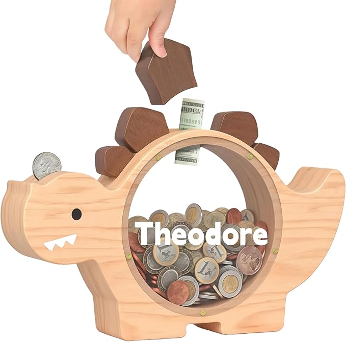Personalized Wooden Piggy Bank for Kids, Custom Name Cute Wood Bank Large for Boys Initial Coin Bank Personalized Dinosaur Piggy Bank Wood Money Save Box for Birthday Christmas and Festival